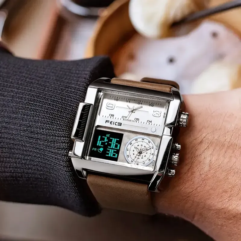 FEICE Fashion Business Men's Watch Digital LED Analog Quartz Watch 50mm Large Dial Square Men's Watch Multifunctional Sports Men's Watch Luminous Alarm Clock Timer 24H Calendar Cowhide Strap Men's Gift FK030