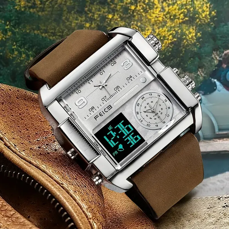FEICE Fashion Business Men's Watch Digital LED Analog Quartz Watch 50mm Large Dial Square Men's Watch Multifunctional Sports Men's Watch Luminous Alarm Clock Timer 24H Calendar Cowhide Strap Men's Gift FK030
