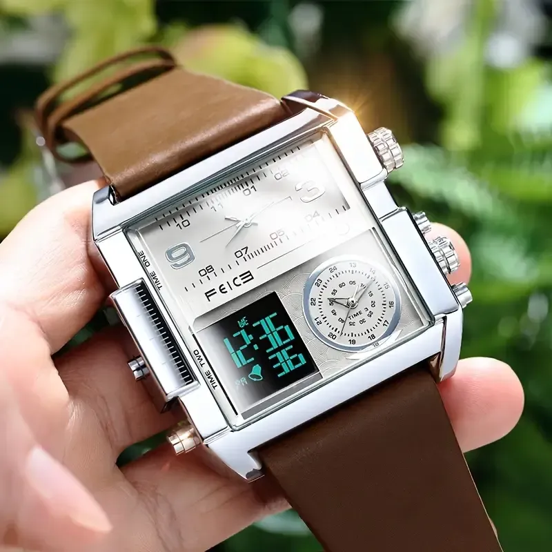 FEICE Fashion Business Men's Watch Digital LED Analog Quartz Watch 50mm Large Dial Square Men's Watch Multifunctional Sports Men's Watch Luminous Alarm Clock Timer 24H Calendar Cowhide Strap Men's Gift FK030