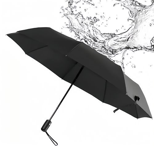 Guarda-chuva dobrável com painel revestido a preto, com função de abertura automática em tecido de nylon e controlo automático para utilização em escritórios no interior
