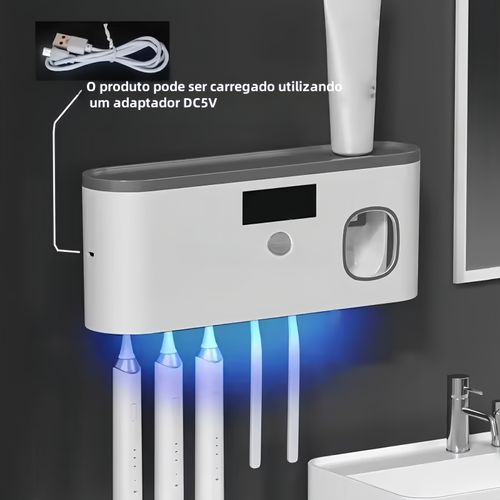 Esterilizador doméstico com carregamento sem fios e suporte para escovas de dentes UV, dispensador automático de pasta de dentes