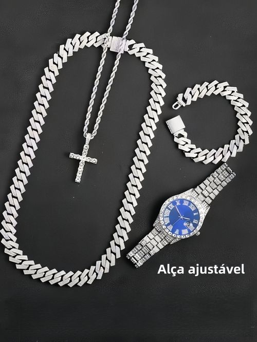Novo conjunto de 4 peças Hip Hop! Relógio quartzo gelo, colar, pulseira, pendente cruz, corrente cubana