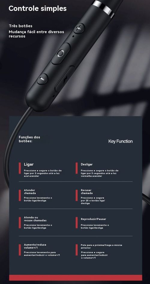 Fone Bluetooth com fio de pescoço