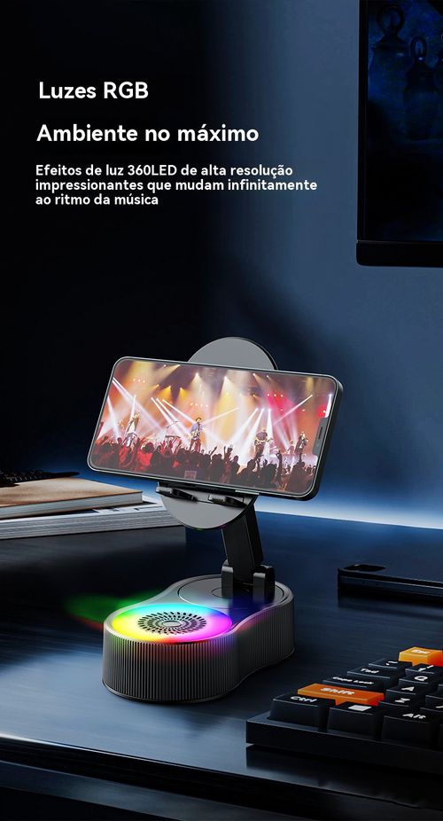 360 graus suporte de telefone giratório & Alto-falantes Bluetooth sem fio inteligente & suporte de tablet&carregamento de telefone sem fio&Luz atmosférica