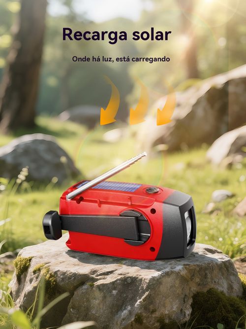 Rádio de manivela movido a energia solar com lanterna e carregador portátil para telemóvel