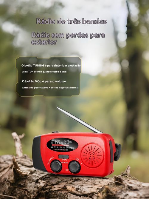 Rádio de manivela movido a energia solar com lanterna e carregador portátil para telemóvel