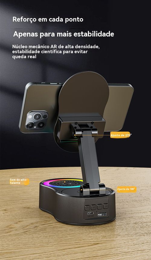 360 graus suporte de telefone giratório & Alto-falantes Bluetooth sem fio inteligente & suporte de tablet&carregamento de telefone sem fio&Luz atmosférica