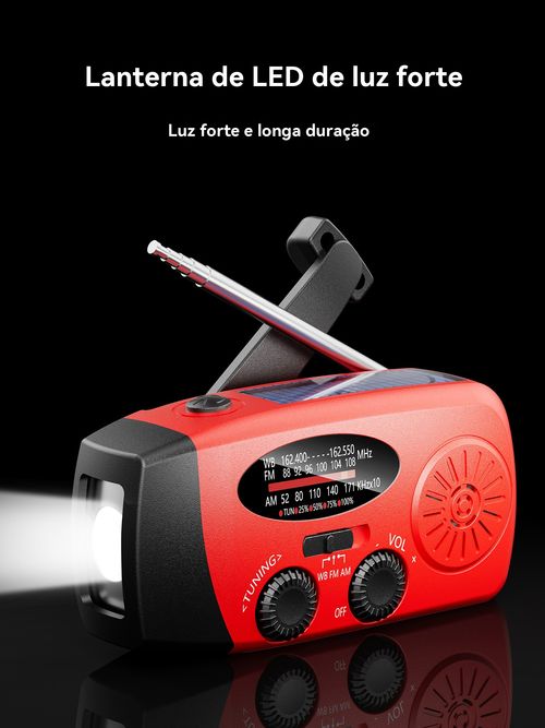 Rádio de manivela movido a energia solar com lanterna e carregador portátil para telemóvel