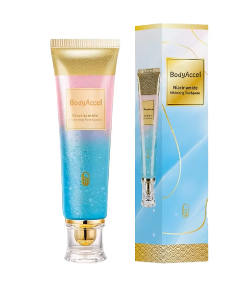 Pasta de dentes branqueadora com niacinamida utilizada para limpeza oral, cuidados das gengivas e remoção de manchas dentárias