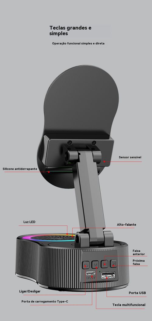 360 graus suporte de telefone giratório & Alto-falantes Bluetooth sem fio inteligente & suporte de tablet&carregamento de telefone sem fio&Luz atmosférica