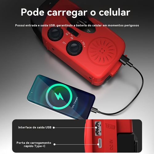 Rádio de manivela movido a energia solar com lanterna e carregador portátil para telemóvel