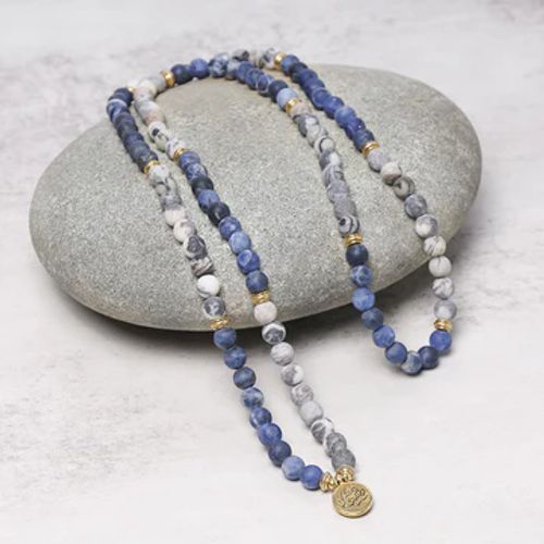 Buddha Stones 108 Natural Picasso Jasper & Blue Stone Mala Bead Lotus Pendant Bracelet
