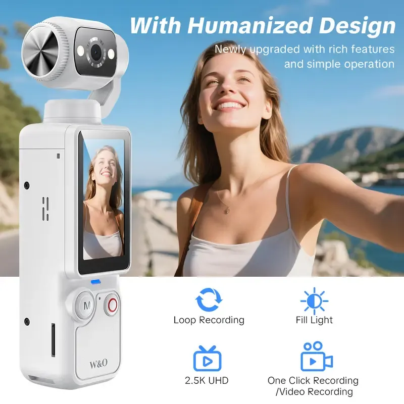 Portable 2.5K Ultra HD Video Recorder with 180° Rotating Lens, Handheld Stabilizer Pocket Camera, Full Body Camera for Vlogging, Travel & Daily Life Recording, USB Rechargeable, Black, Vlogging Camera, Modern Gadget, Durable Construction, Camcorder