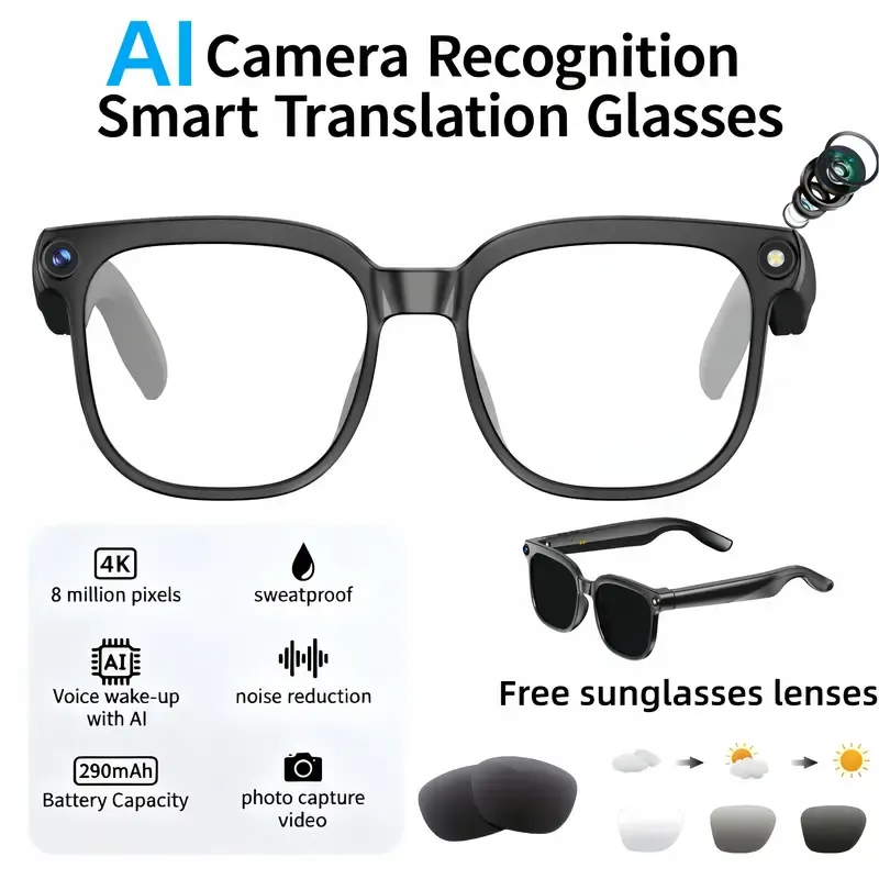Smart AI Camera Glasses with 8MP Photochromic Lenses ,Button Touch Adjustment for Travel Outdoor Adventures Hands-Free Photography 160+Languages Real-Time Translation Bluetooth Wireless Wearable Video Recording UV Protection