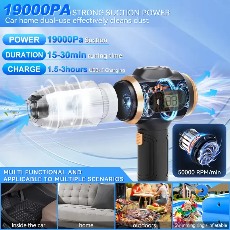 Handheld Cordless Car Vacuum Cleaner, 19000PA Powerful, 6-in-1 Portable Vacuum Cleaner with Smart Display, Suitable for Car, Home, Office, Pet Portable High portable cordless Cleaning Machine.The Best Gift for Dad. Interior Detailing Kit