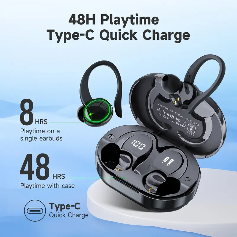 Bluetooth Wireless Headset  Waterproof Black Hanging Earbuds Sturdy Noise Free Electronic Audio with One Year Warranty High Quality Headphones