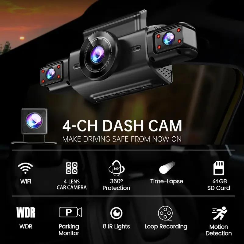Wifi 4-Lens Car Dashcam with 64GB Memory Card, Car DVR 3.0 Inch Night View Car Recorder, 1080P Car Camera, 1 Set 360° Swivel Camera, Car Accessories
