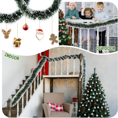 Classic Green-White  Christmas GarlandTwist Xmas Frosted Tip Hanging Garland for Christmas Tree Decoration Indoor Outdoor Home Holiday Party Decor