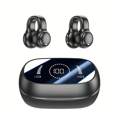 Open-Ear Clip-On Bone Conduction Wireless Bluetooth Headphones - Extra Long Battery Life & Smart Large Digital Display