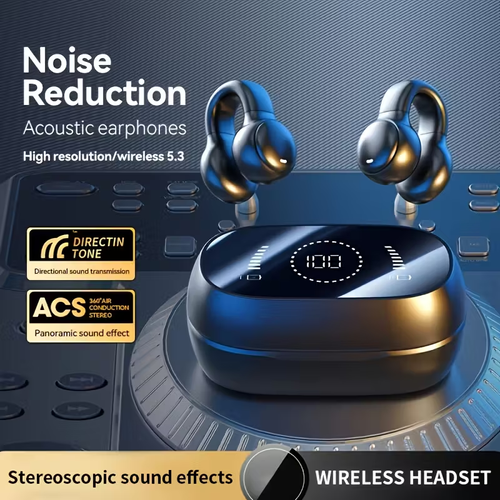 Open-Ear Clip-On Bone Conduction Wireless Bluetooth Headphones - Extra Long Battery Life & Smart Large Digital Display