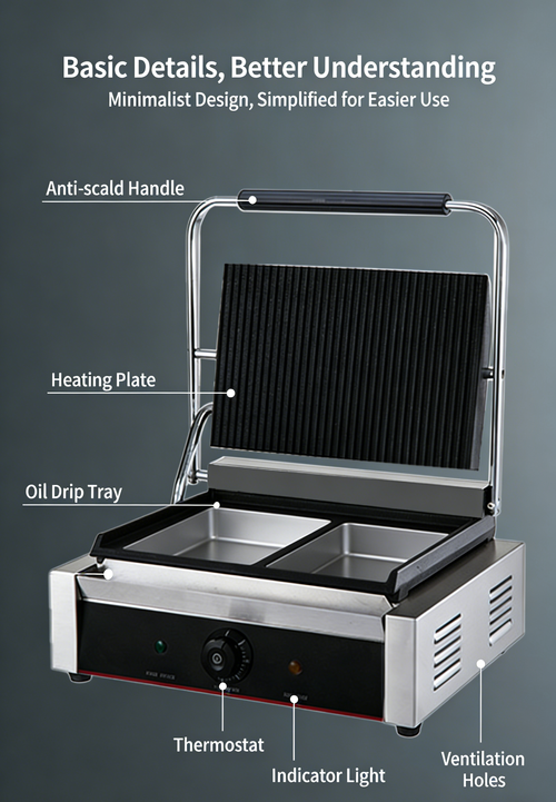 Commercial Sandwich & Panini Grill, 2200W Dual-slot Electric Stainless Steel Non-stick Sandwich Maker with Temperature Control Range of 122°F - 572°F, Suitable for Hamburgers, Steaks, Bacon and More