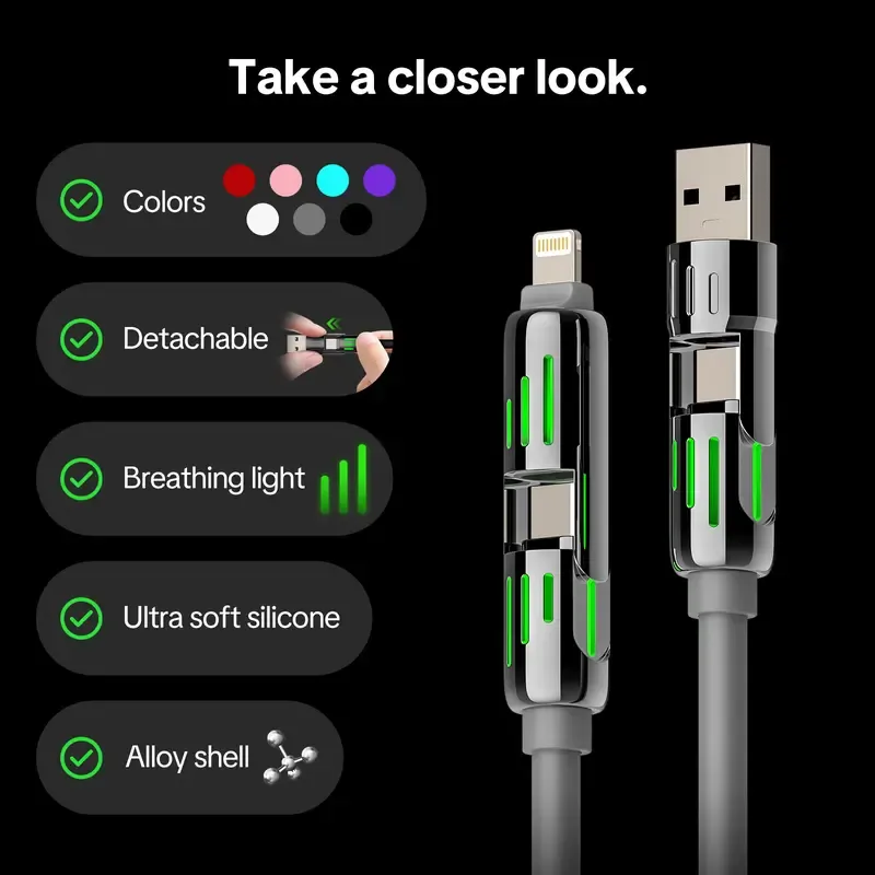 MFish Armored Dragon I 4-in-1 Multi 240W Fast Charging Cable with USB A Type C Lightning for iPhone17&Samsung Laptops Charger