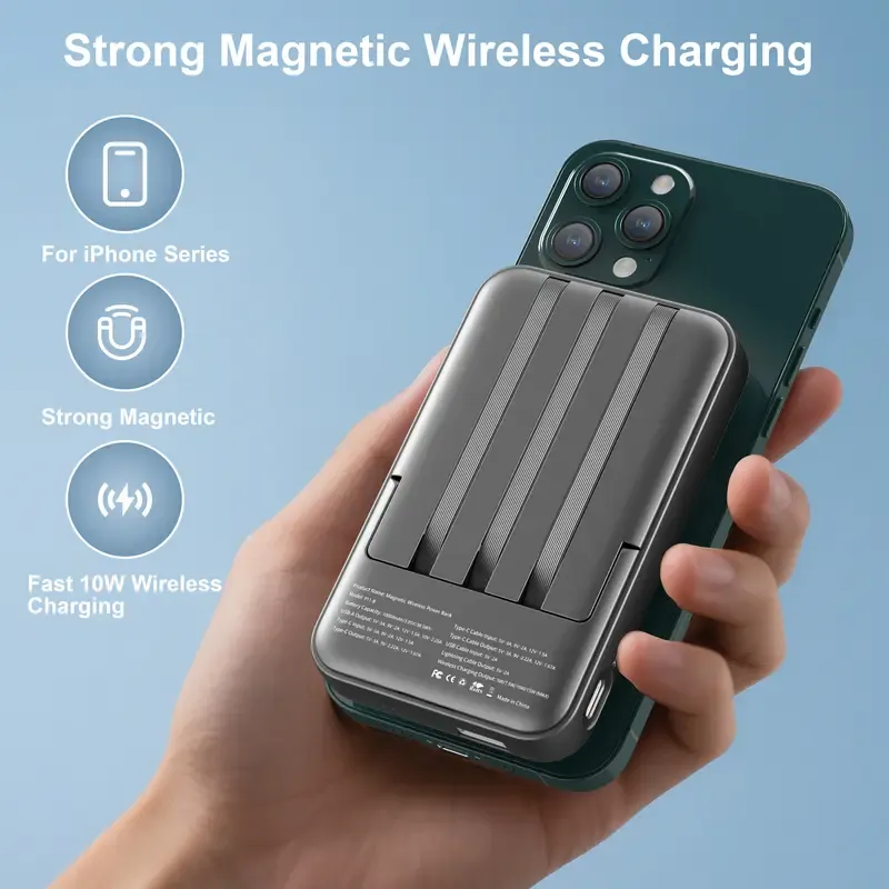 Magnetic Power Bank, 10,000mAh Wireless Portable Charger with 22.5W Max Fast Charging, Built-in USB-C and Lightning Cable, Fast Charging Battery Pack with Phone