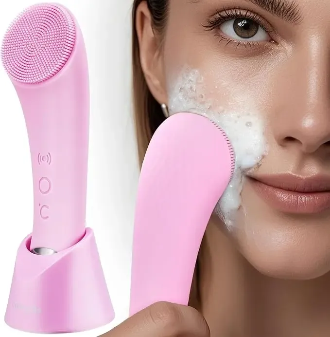 2-in-1 Electric Silicone Facial Cleansing Brush - Sonic Vibration & Heated Face Washer, Facial Cleansing Device