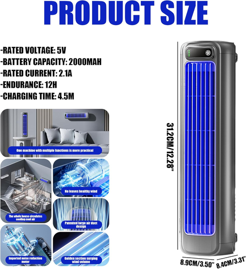 New High-Wind Quiet Fan - Long-Lasting Battery Desktop Tower Fan, Wall-Mountable & Portable USB Fan