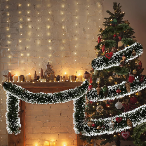 Classic Green-White  Christmas GarlandTwist Xmas Frosted Tip Hanging Garland for Christmas Tree Decoration Indoor Outdoor Home Holiday Party Decor