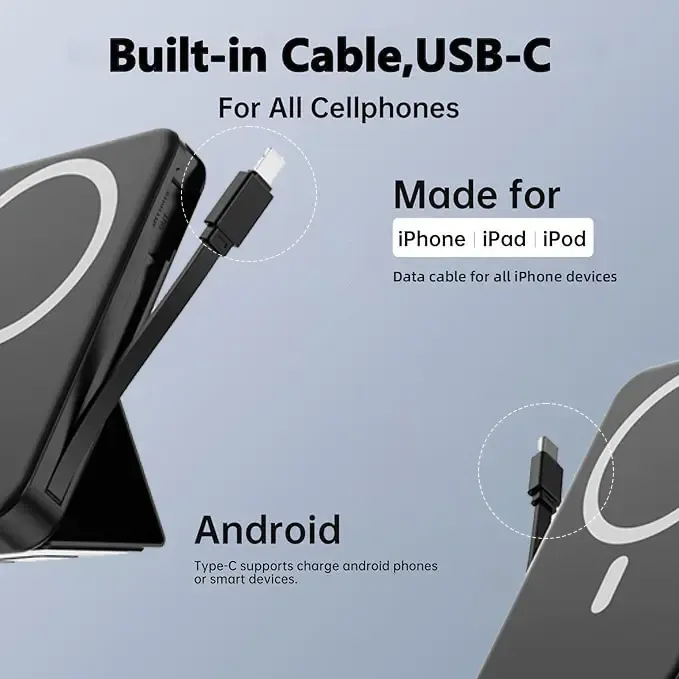 Magnetic Wireless Power Bank 10000mAh 22.5W PD Fast Charging phone holder LED Display Portable Charger with Stand for iPhone & Android Smartphones Durable Lithium Battery Chargeable Device