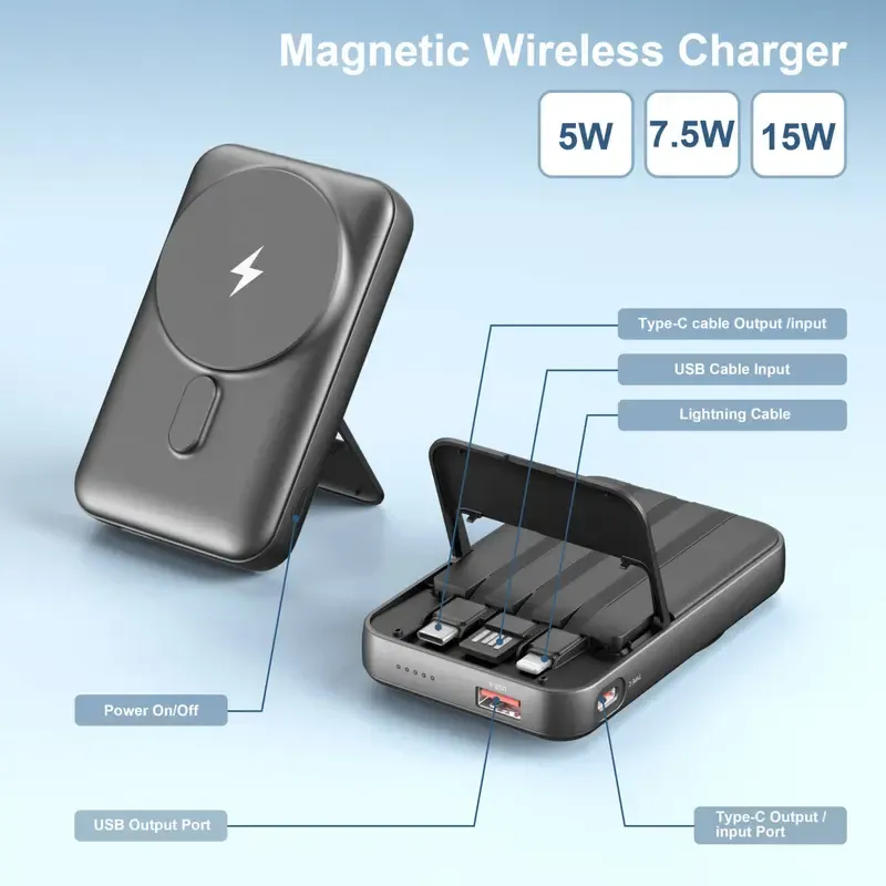 Magnetic Power Bank, 10,000mAh Wireless Portable Charger with 22.5W Max Fast Charging, Built-in USB-C and Lightning Cable, Fast Charging Battery Pack with Phone