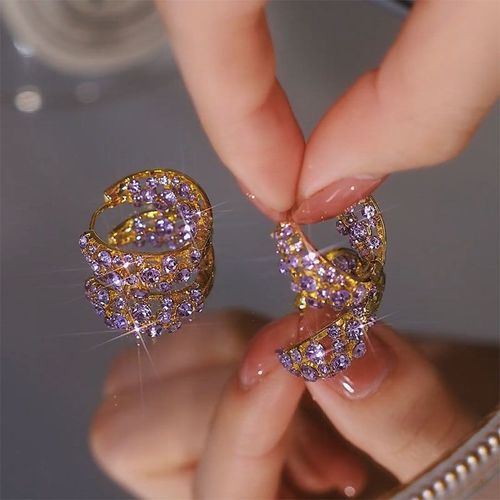 2025 new style trendy and fashionable purple full diamond hoop earrings versatile personality niche design exquisite earrings