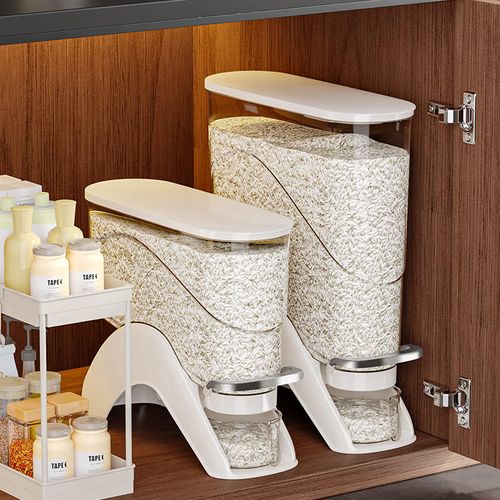 Narrow Space Saving Rice Dispenser, Airtight Sealed Grain Storage Container, Press to Dispense Rice Bucket, Bug & Moisture Resistant with Measuring Cup for Home Kitchen