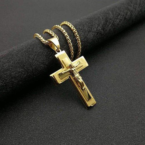 Gold Jesus Crucifix Cross Necklace for Men, Stainless Steel Religious Pendant with Thick Cuban Chain, Christian Faith Jewelry Gif