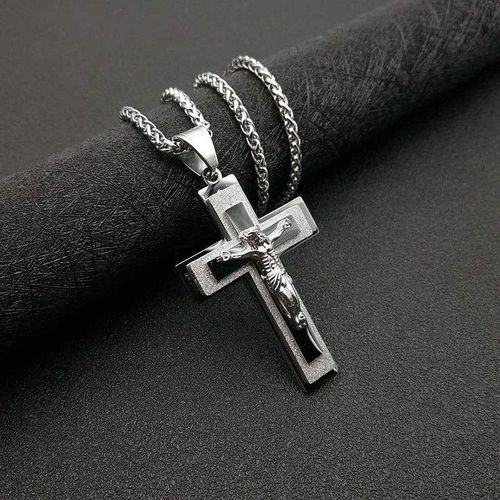 Gold Jesus Crucifix Cross Necklace for Men, Stainless Steel Religious Pendant with Thick Cuban Chain, Christian Faith Jewelry Gif
