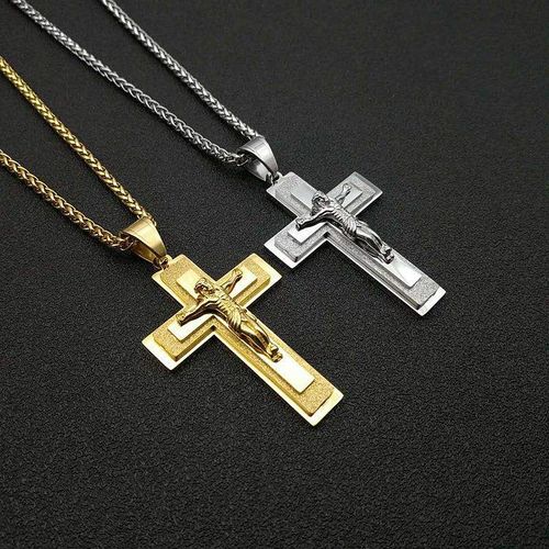 Gold Jesus Crucifix Cross Necklace for Men, Stainless Steel Religious Pendant with Thick Cuban Chain, Christian Faith Jewelry Gif