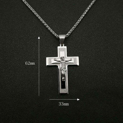 Gold Jesus Crucifix Cross Necklace for Men, Stainless Steel Religious Pendant with Thick Cuban Chain, Christian Faith Jewelry Gif