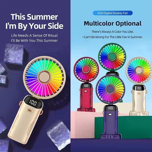 N20 Portable Handheld Fan with Digital Display, USB Rechargeable Mini Fan with Colorful Light, Foldable Pocket Fan for Summe
