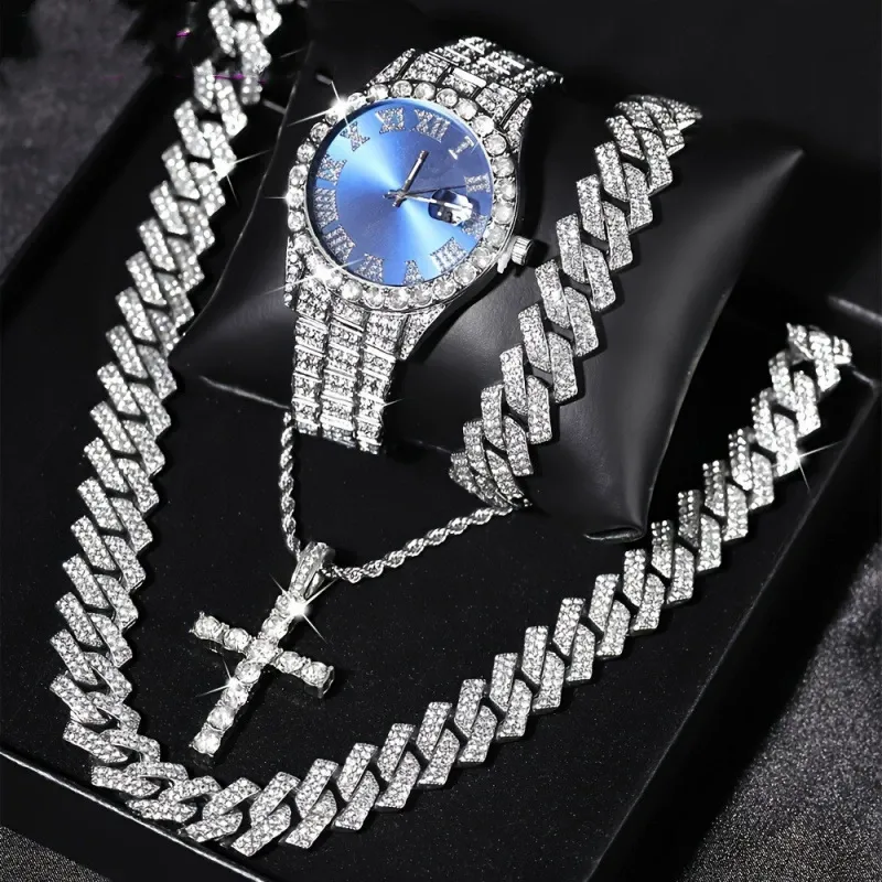 Men's Punk Style Rhinestone Decor Watch & Bracelet & Adjustable Cross Charm Necklace & Cuban Necklace, Exquisite Trendy Fashion Watch Set As Gift 4-piece set (box not included)