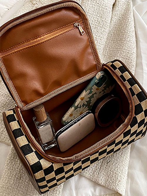 Fashion Colorblock Checked Pattern Makeup Bag, Casual Versatile Zipper Makeup Pu Leather Storage Bag, Makeup Organizer Pouch for Women & Girls
