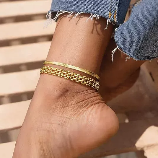 Minimalist 14K Gold Plated Braided Anklet & Bracelet - Thick Chain Anklet, Thin Bracelet for Women, European and American Fashion Jewelry, Fadeless Classic Accessories, Versatile for Daily Wear & Gifting