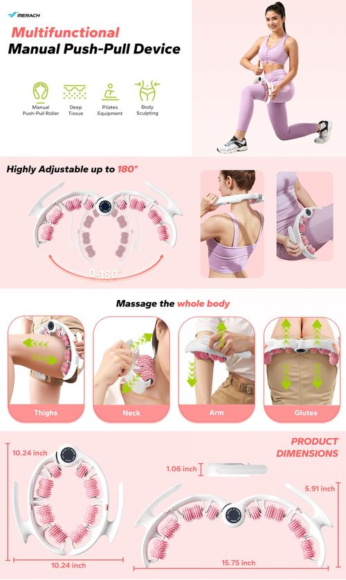Merach Manual Push-Pull Roller Relaxing Deep Tissue Massage Cellulite Massage Tool Ring for Thigh Calf & Waist Foam Roller for Daily Stretching & Recovery Body Care Pink Summervibes