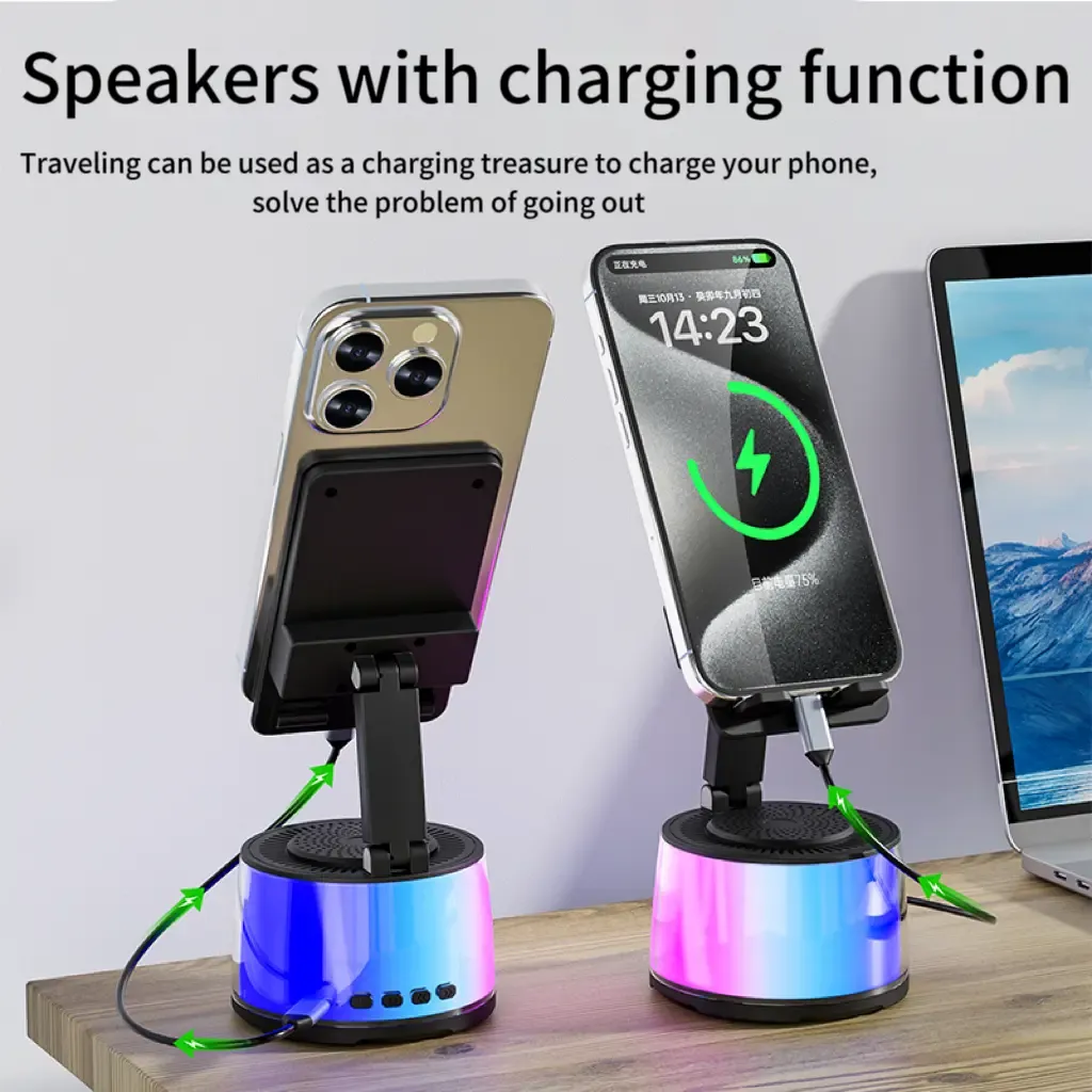 Wireless Induction Audio Bluetooth Speaker 5in1 Cellphone Holder USB Emergency Rechargeable (5000mAh) Portable Power Mobile Tablet Stand with Colorful Ambient Light Gifts for Friend, Family