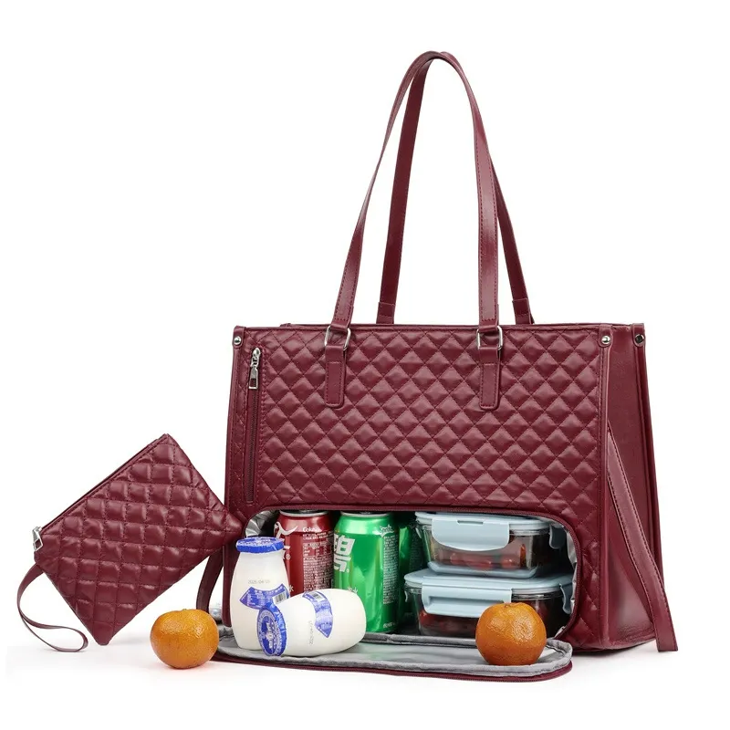 New Women's 2-in-1 Quilted Tote Handbag & Insulated Lunch Bag Combo - Large Capacity Crossbody Laptop Bag with Thermal Compartment
