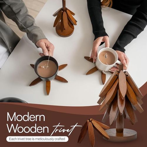 Natural Tree Trivet Set - 4 Wooden Trivets & 1 Stand - Heat-Resistant Foldable Design - Durable & High-Quality Solid Wood - Ideal for Hot Dishes, Pots, Bowls, Teapots - Kitchenware & Tableware Coasters