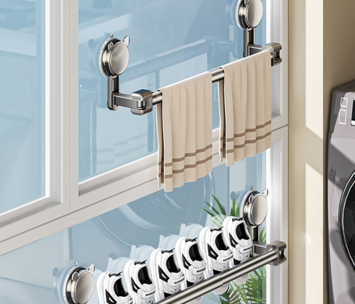 Upgraded Double Bar Towel Holder - No Drill Suction Wall Mount, Adjustable Bathroom Organizer Rack for Kitchen or Bath, Rustproof Space-Saving Storage