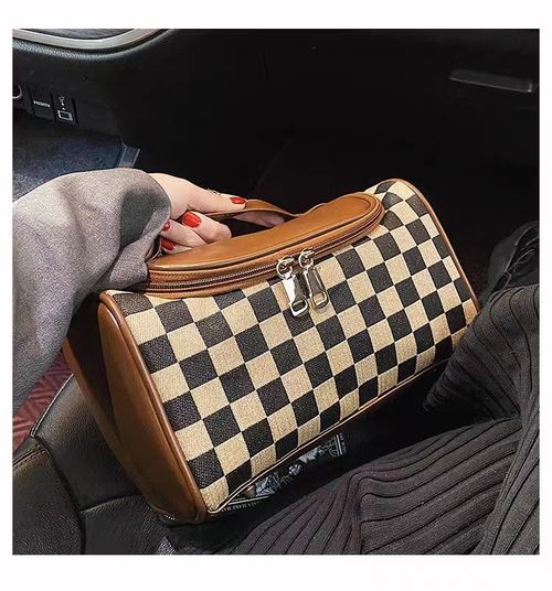 Fashion Colorblock Checked Pattern Makeup Bag, Casual Versatile Zipper Makeup Pu Leather Storage Bag, Makeup Organizer Pouch for Women & Girls