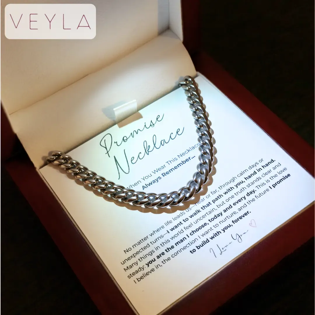 Promise Necklace for Boyfriend Waterproof Stainless Steel Cuban Chain Symbol of Love and Commitment LED Wooden Box Gift for Valentines Day and Birthday