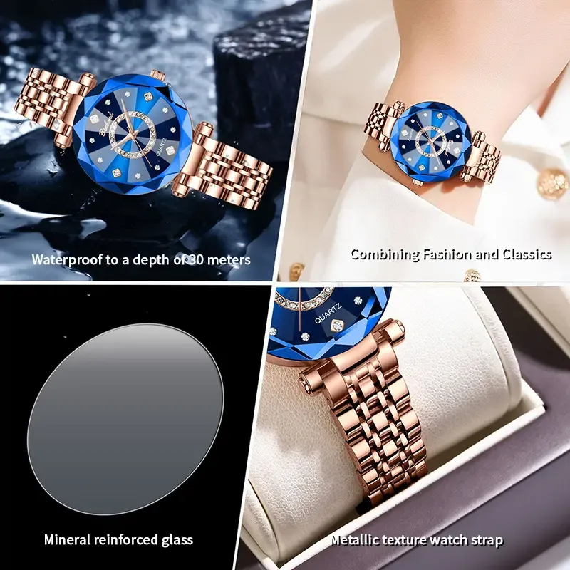 Women's Elegant Round Analog Quartz Watch Stylish Versatile Exquisite Waterproof Watch with Diamond Cut Glass